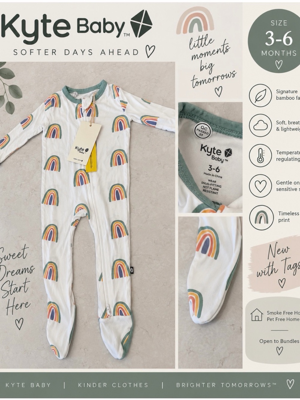 🌈 Kyte Baby Rainbow Zippered Footie – 3–6M – NWT